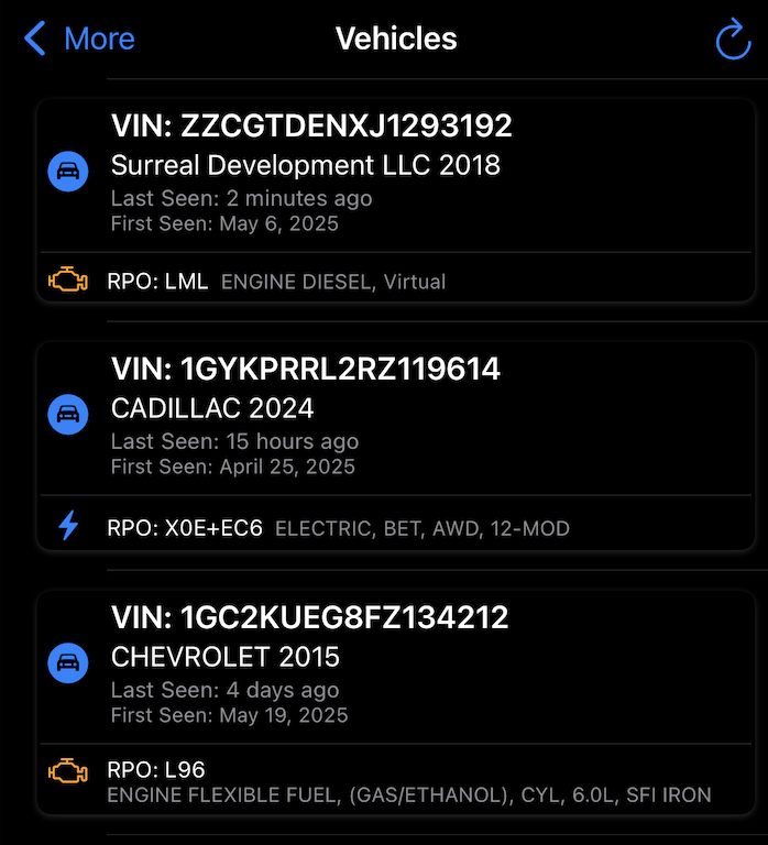 Gretio iOS Vehicles list showing previously connected vehicles with VIN, last seen date and engine RPO
