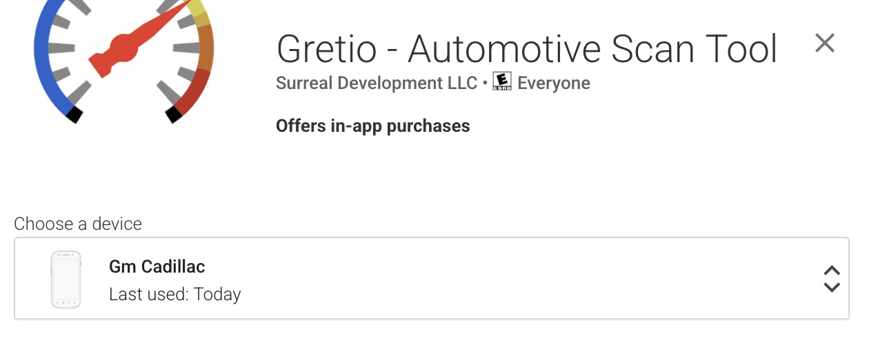 Google Play install dialog for Gretio - Automotive Scan Tool, with a Lyriq head unit listed as the target device “Gm Cadillac”