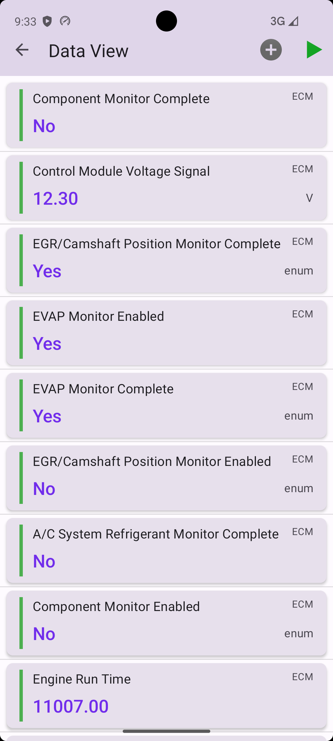 New Gretio Data View on a phone: ECM parameters as cards with large values, like voltage 12.30 V and monitor status Yes/No