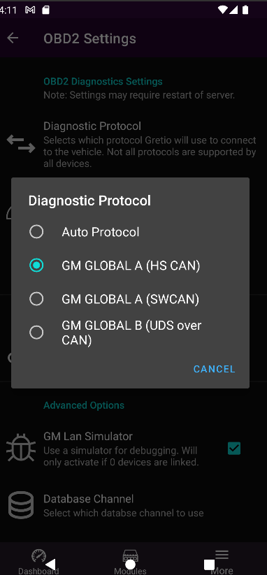 Gretio Diagnostic Protocol dialog with Auto, GM Global A (HS CAN), Global A (SWCAN) and Global B options
