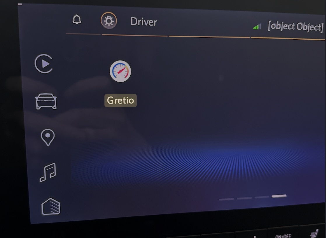 Colorado infotainment screen with the Gretio app icon alone on a launcher page; the profile name reads [object Object]