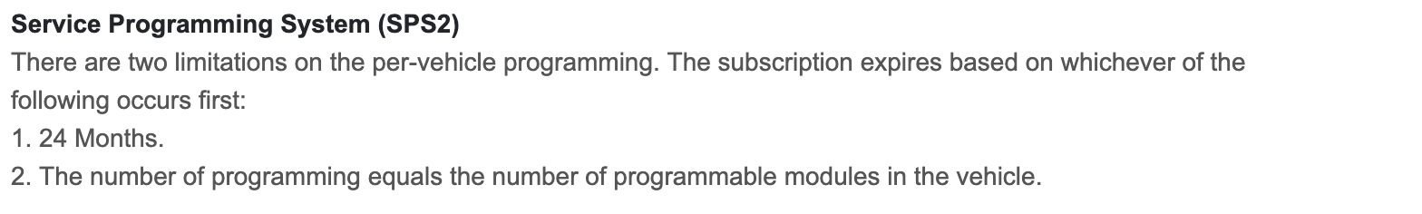 GM SPS2 terms: per-vehicle subscription expires after 24 months or once programming events equal the number of programmable modules