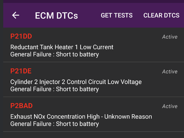 Gretio Android ECM DTCs list showing active codes in red with descriptions