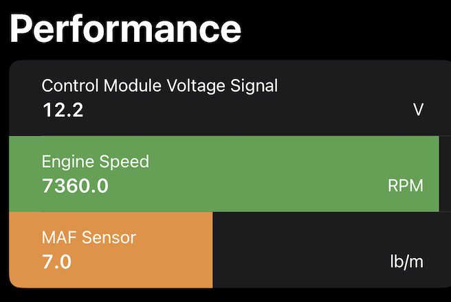 Gretio iOS Performance dashboard with bar gauges for module voltage, engine speed and MAF sensor
