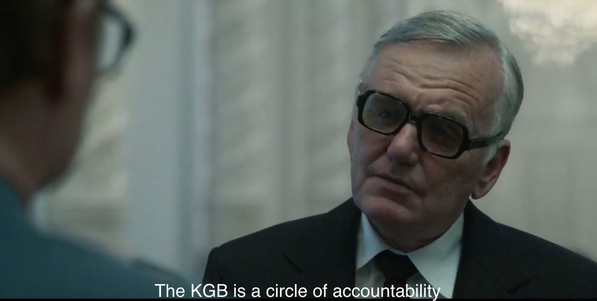 Alan Williams as KGB First Deputy Chairman Charkov in HBO’s Chernobyl, subtitled “The KGB is a circle of accountability”