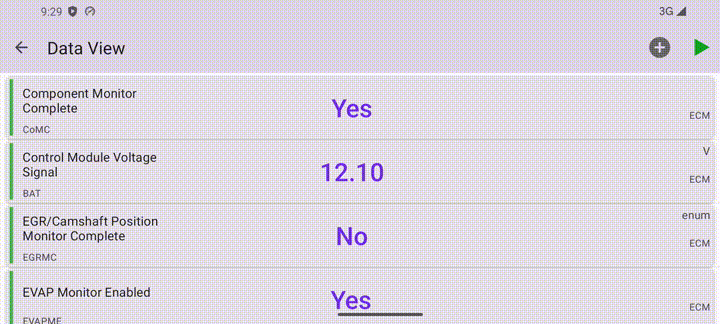 Animation scrolling a landscape Data View list of ECM parameters behind the system bars