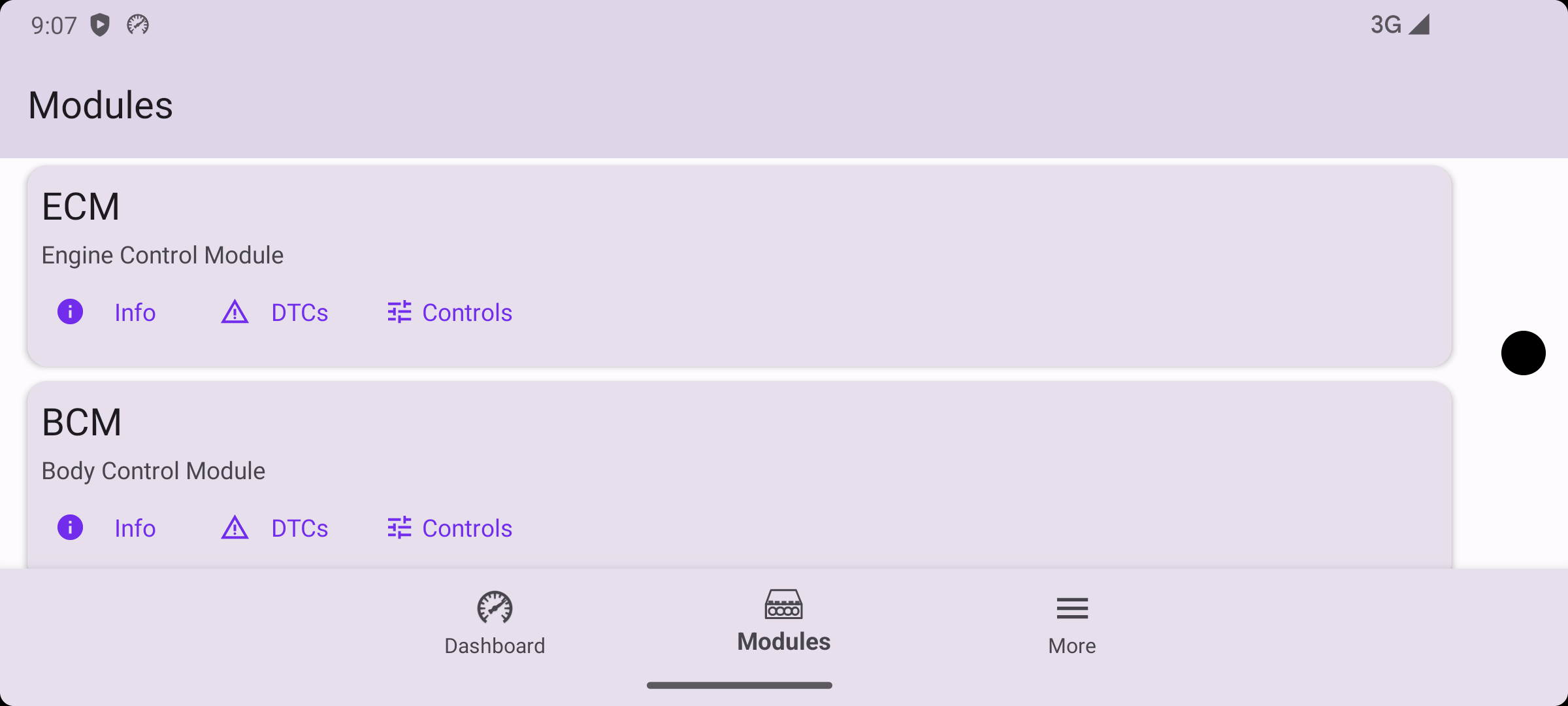 Gretio Modules screen in light mode, listing ECM and BCM with Info, DTCs and Controls buttons