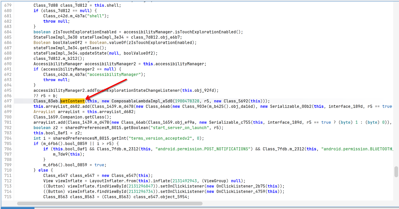 Decompiled Gretio activity code where the renamed call now reads setContent, highlighted with an arrow