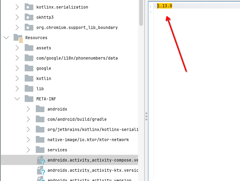 Decompiler resource tree open at META-INF, with an arrow to the androidx.activity-compose version file reading 1.13.0