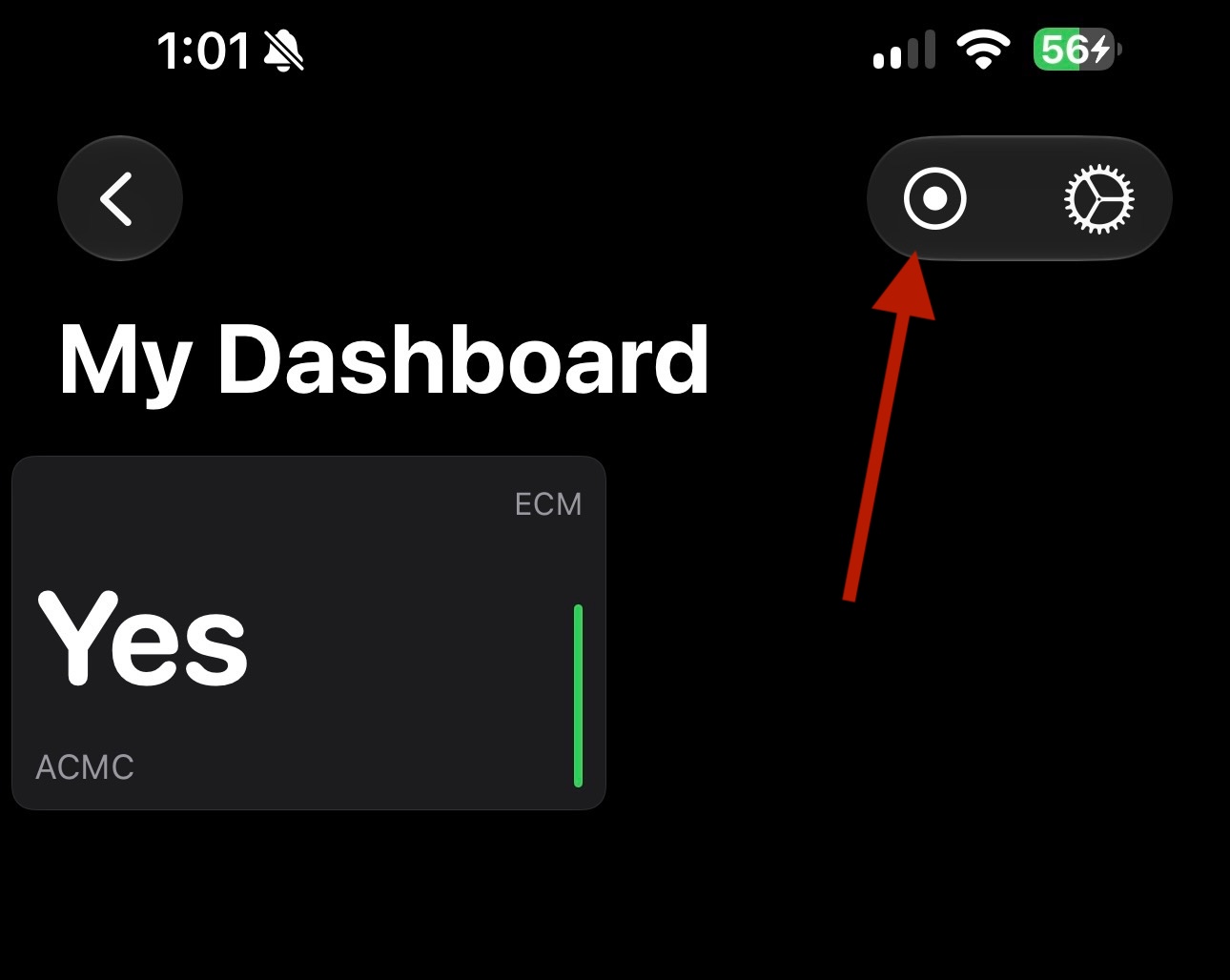 Gretio iOS dashboard with a red arrow pointing to the record button in the top right