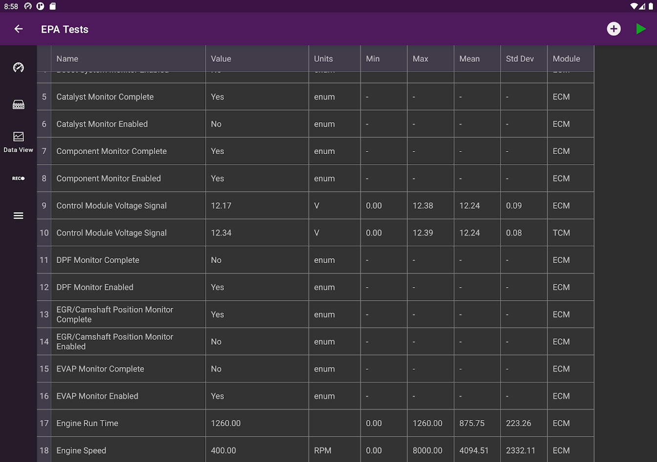Gretio EPA Tests data view table listing PIDs with value, units, min, max, mean and module