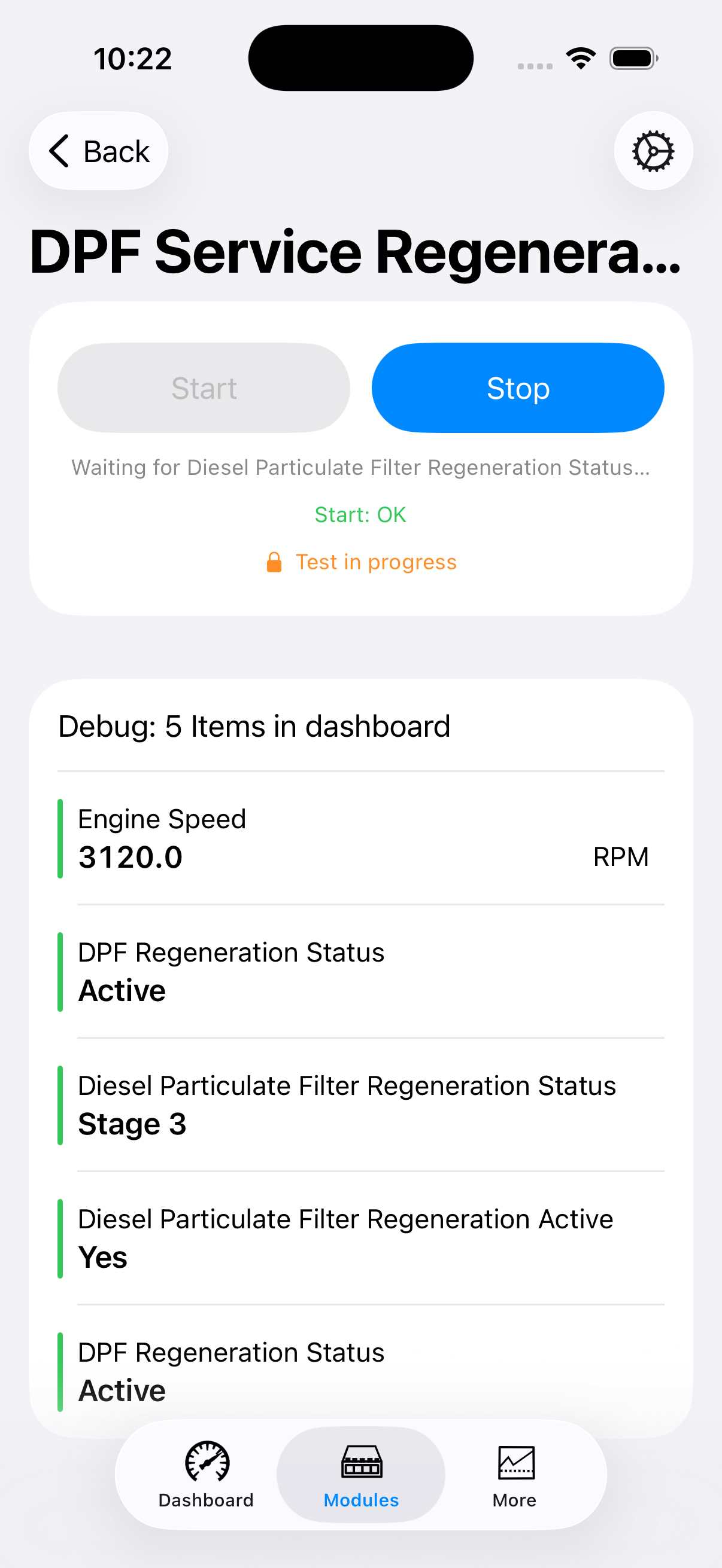 Gretio iOS ControlV2 DPF Service Regeneration screen with test in progress and live regen PIDs