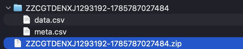 Exported Gretio log zip in Finder, unzipped into data.csv and meta.csv files